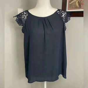 PHILOSOPHY Lace cap sleeved navy blouse Petite XL Extra Large Sheer